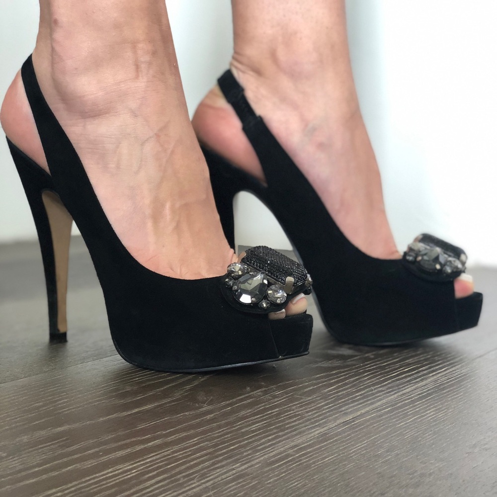 Zara suede and large rhinestone peep toe sandals